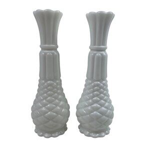 Vintage Anchor Hocking White Milk Glass Pineapple Bud Vase 9” Tall Set of 2